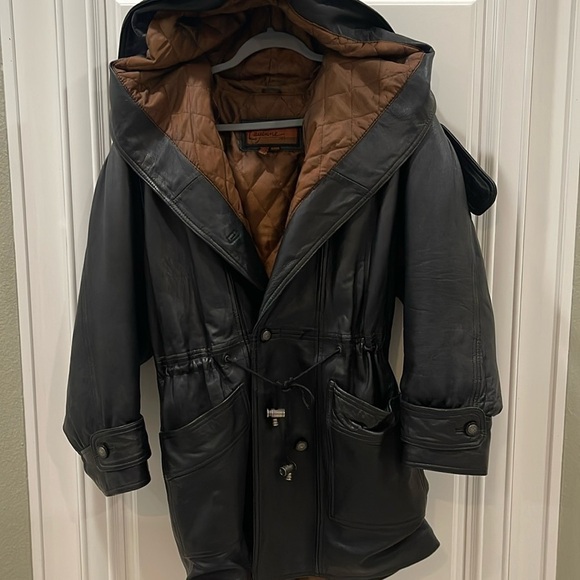 cayenne leather Jackets & Blazers - Cayenne Leather Black Hooded leather jacket quilted size small trench coat